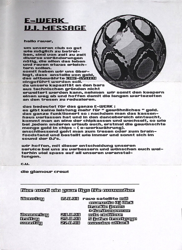 Flyer from November 1994 announcing the transition from cash to a "CHIP-SYSTEM" (E-Werk currency) to improve bar service efficiency.