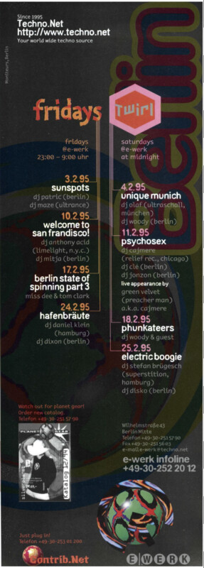Techno.Net Fridays flyer showing the club's increasingly systematized weekly program.